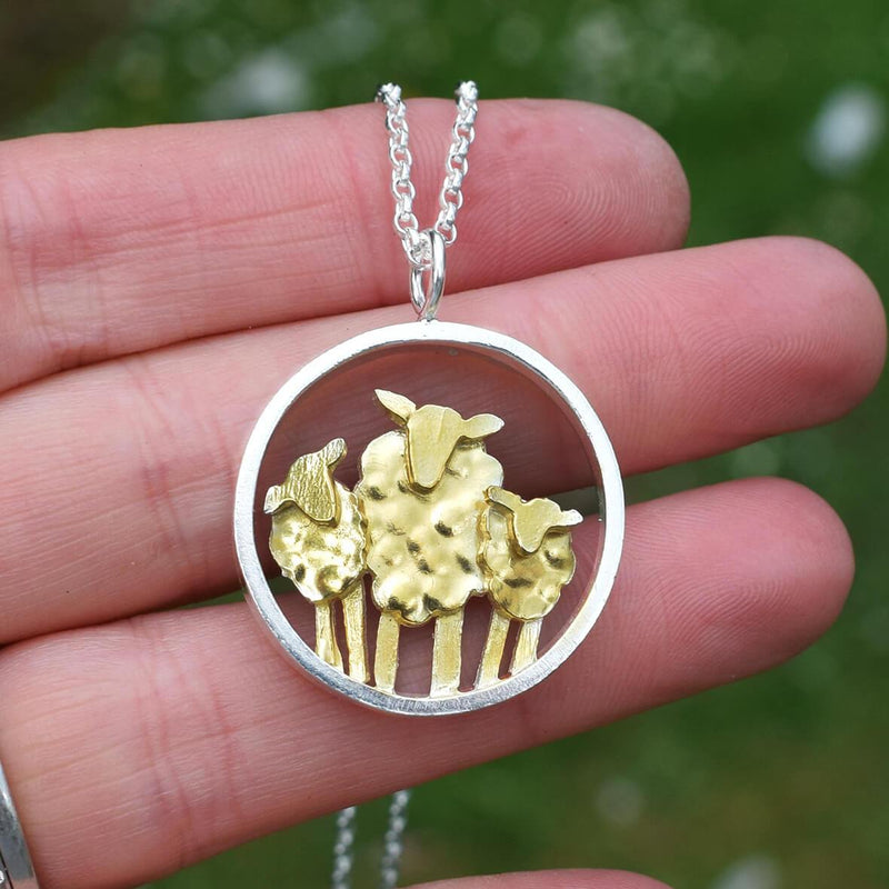 silver and gold sheep pendant, round sheep necklace, flock of sheep necklace, sheep jewellery, silver sheep, gold sheep, quality sheep gift, present for sheep lover, gift for sheep farmer, sheep jewelry, farm jewellery, agricultural jewellery, down on the farm jewellery