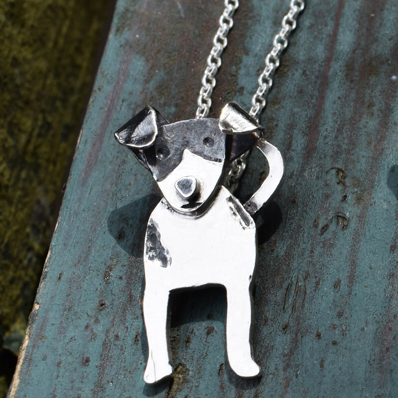 silver dog necklace, silver dog jewellery, black and white dog gift, jack russell present for her, gift for dog lover, present for dog lover