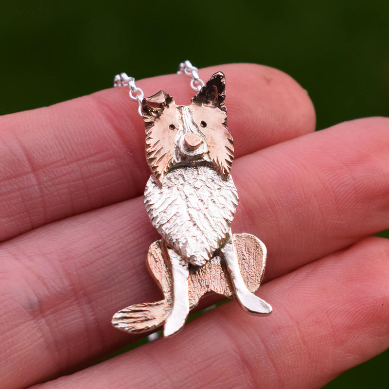 rose gold and silver border collie dog necklace, border collie jewellery, sheepdog trials jewellery