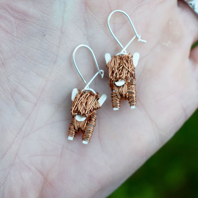 silver and copper highland cow drop earrings, highland cow earrings, highland cow jewellery gift for woman, Scottish cow earrings, Scottish drop earrings