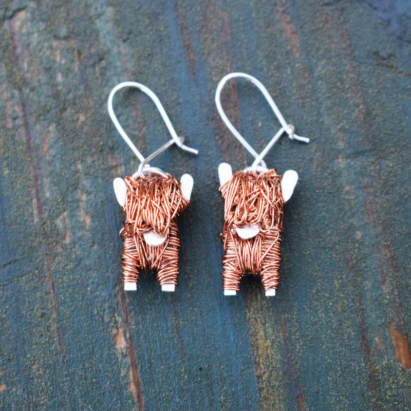highland cow earrings, highland cow drop earrings, cow drop earrings, copper cow earrings, highland cow jewellery, highland cow present for her