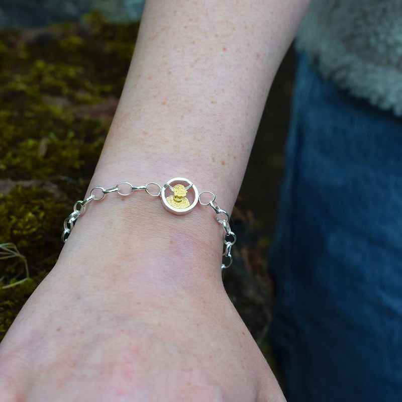 gold highland cow bracelet. highland cow jewellery, cow bracelet gold and silver