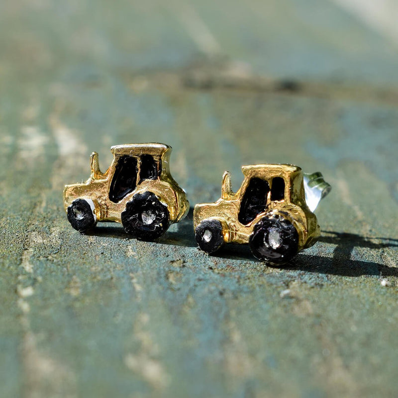 gold tractor earrings, tractor earrings, tractor jewellery, jewellery for farmer, young farmers gift