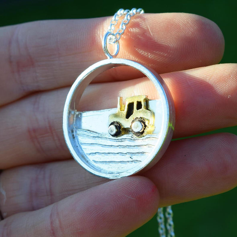 tractor necklace, tractor pendant, tractor jewellery, silver tractor jewellery, gold tractor jewellery, present for tractor enthusiast, tractor gift for woman