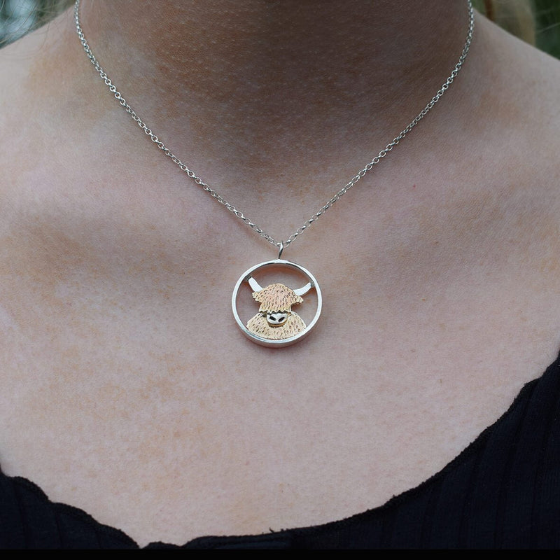 rose gold highland cow necklace, gold highland cow jewellery, highland cow pendant