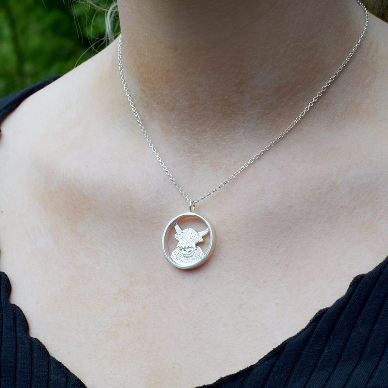 silver highland cow necklace, silver cow pendant, highland cow necklace, scottish cow gift for woman