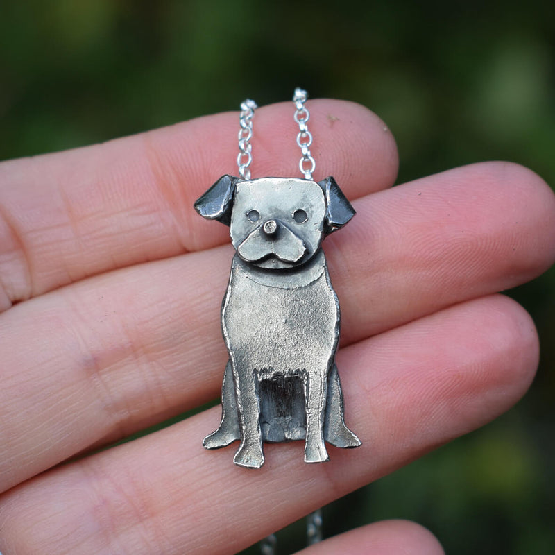 black pug necklace, black dog necklace, oxidised silver pug