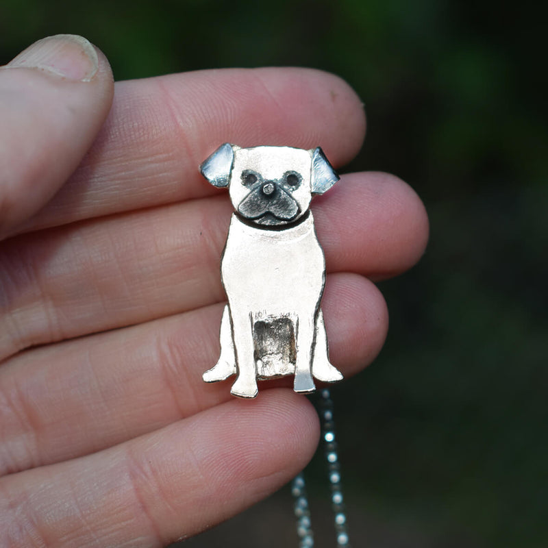 black and white pug necklace, pug jewellery, silver pug jewellery, pug with black face