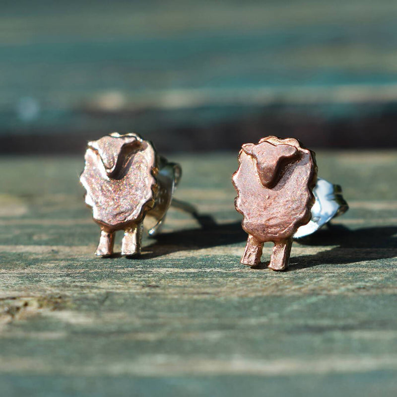 rose gold sheep earrings, sheep stud earrings, tiny sheep earrings, farmer earrings, farmer jewellery, gold sheep gifts