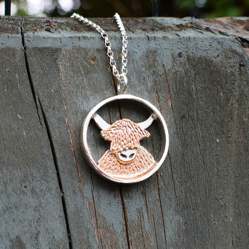rose gold highland cow necklace, rose gold cow pendant, rose gold cow jewellery, silver and gold cow jewellery, rose gold highland cow gift, quality highland cow present for woman, rose gold scottish cow