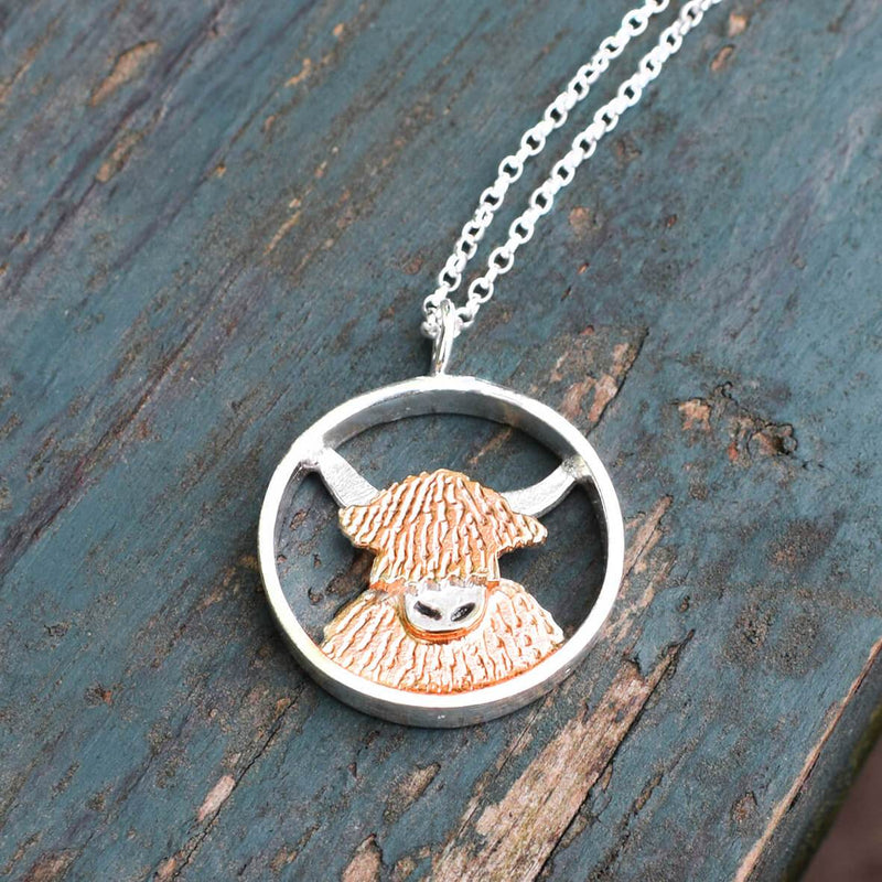 rose gold and silver highland cow necklace, rose gold cow necklace, rose gold highland cow, highland cow jewellery, highland cow necklace, highland cow gift for sister