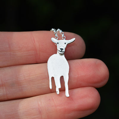 goat necklace, goat pendant, goat jewellery, saanen goat present for her, white goat jewellery, quality goat gift, silver goat