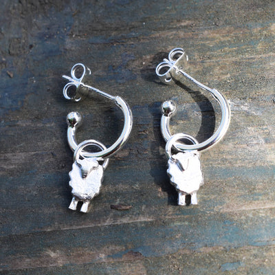 silver sheep earrings, sheep jewellery, farm animal earrings, sheep hoop earrings, earrings for farmer, jewellery for farmer, gift for farm vet