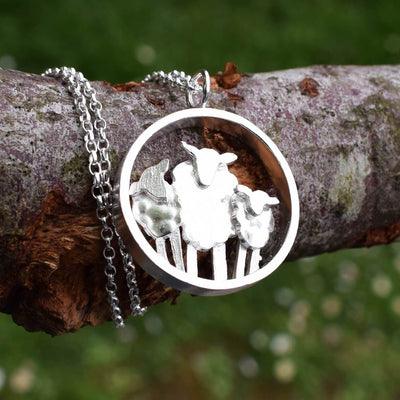 silver sheep necklace, silver flock of sheep, silver lambs necklace, sheep and lamb present, lamb necklace, flock of sheep present, farm jewellery, silver gift for farmer, silver jewellery for farmer, shepherdess jewellery, farm animal jewellery, present for young farmer, agricultural gifts