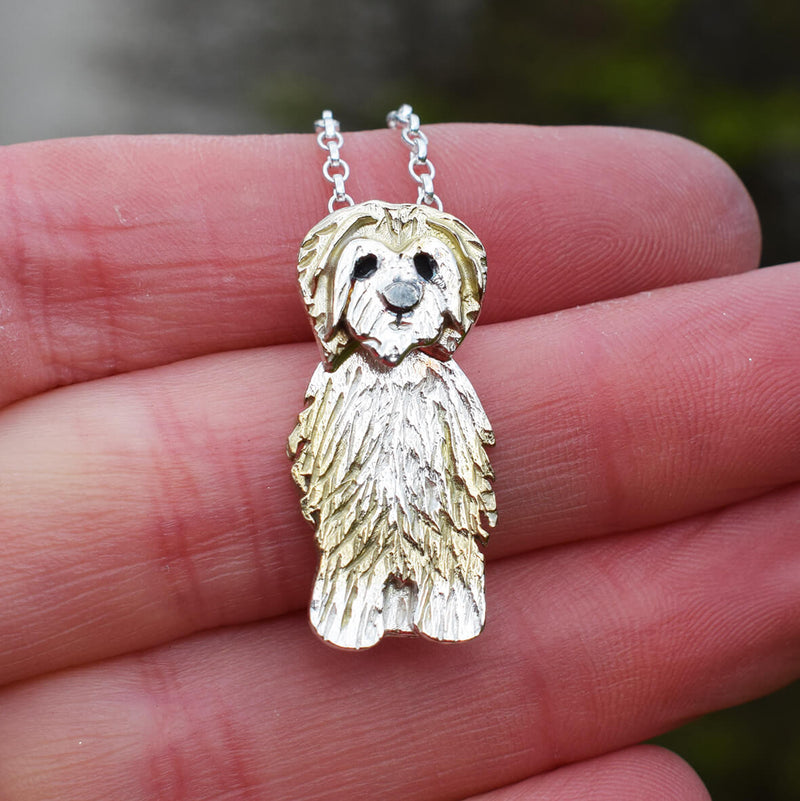 gold and silver Tibetan Terrier necklace, Tibetan Terrier jewellery, Tibetan Terrier birthday present, gift from Tibetan Terrier